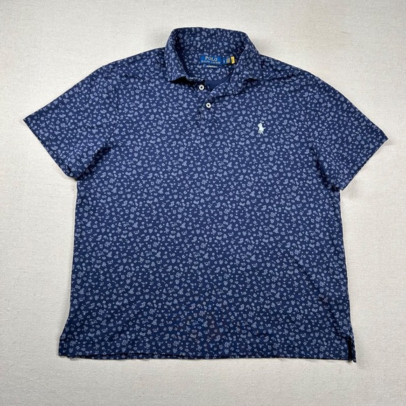 Polo Ralph Lauren Shirt Mens L Floral Golf Polo Custom Fit Stretch Navy Boxy - Picture 1 of 8